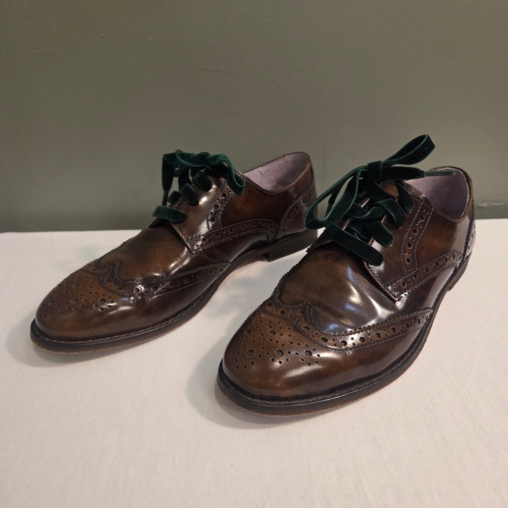 Johnston & Murphy Women's Brown Leather Wingtip Loafers Green Velvet Laces